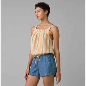 Prana Little Palm Cami Sz S Boho Smocked Striped Tank Top Organic Cotton Orange